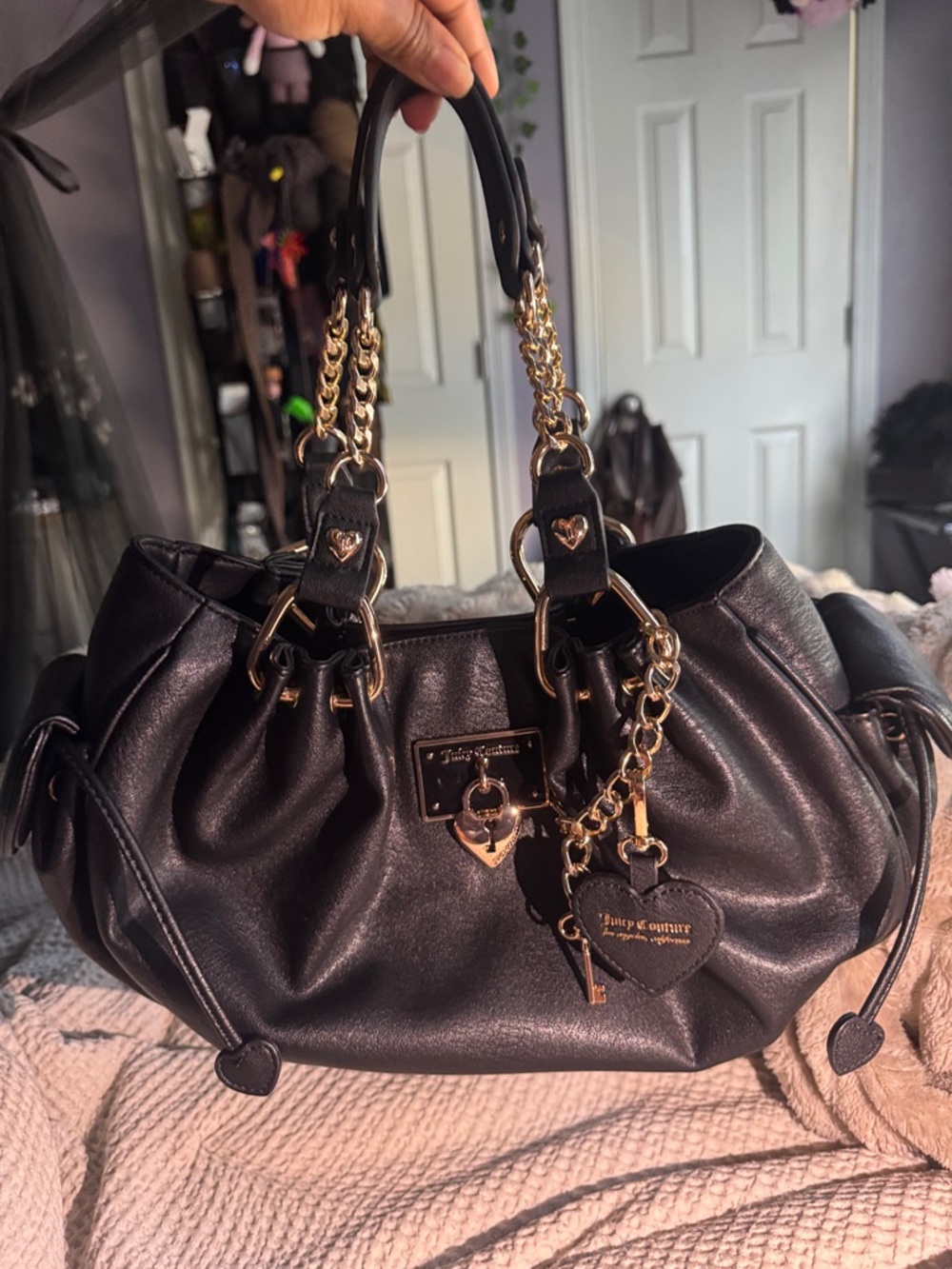 Juicy Couture Black Shoulder Bag with Rose Gold accents and heart mirror charm